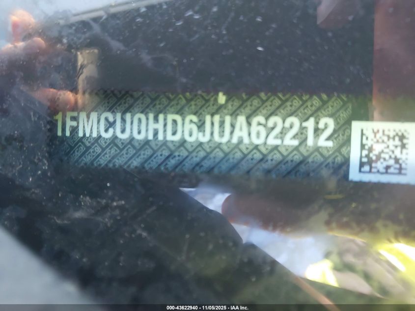 2018 Ford Escape Sel VIN: 1FMCU0HD6JUA62212 Lot: 43622940