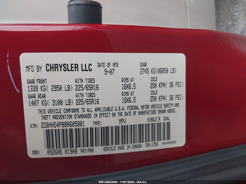 2008 Dodge Grand Caravan Sxt VIN: 2D8HN54P88R605881 Lot: 43622946