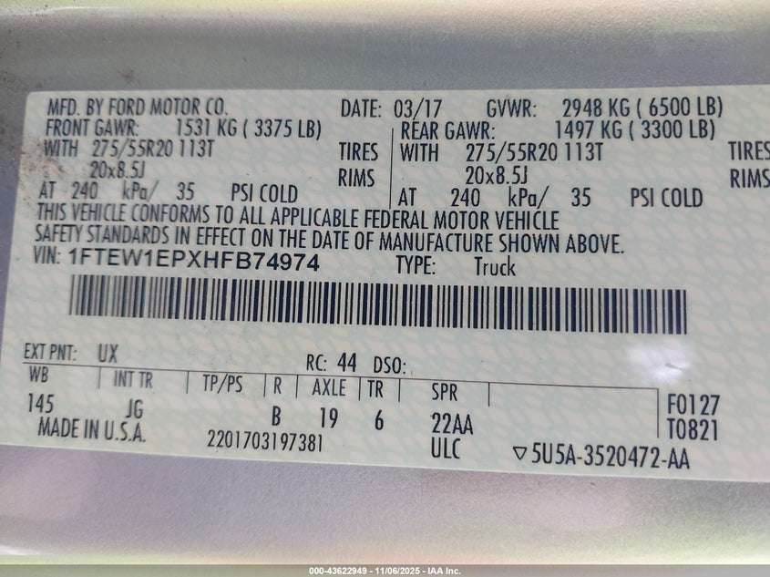1FTEW1EPXHFB74974 2017 FORD F-150 photo no. 9
