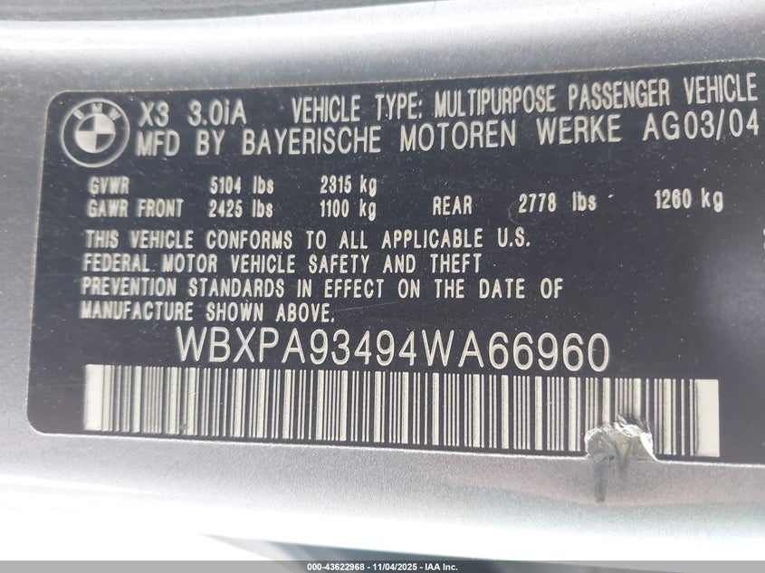 WBXPA93494WA66960 2004 BMW X3 photo no. 9