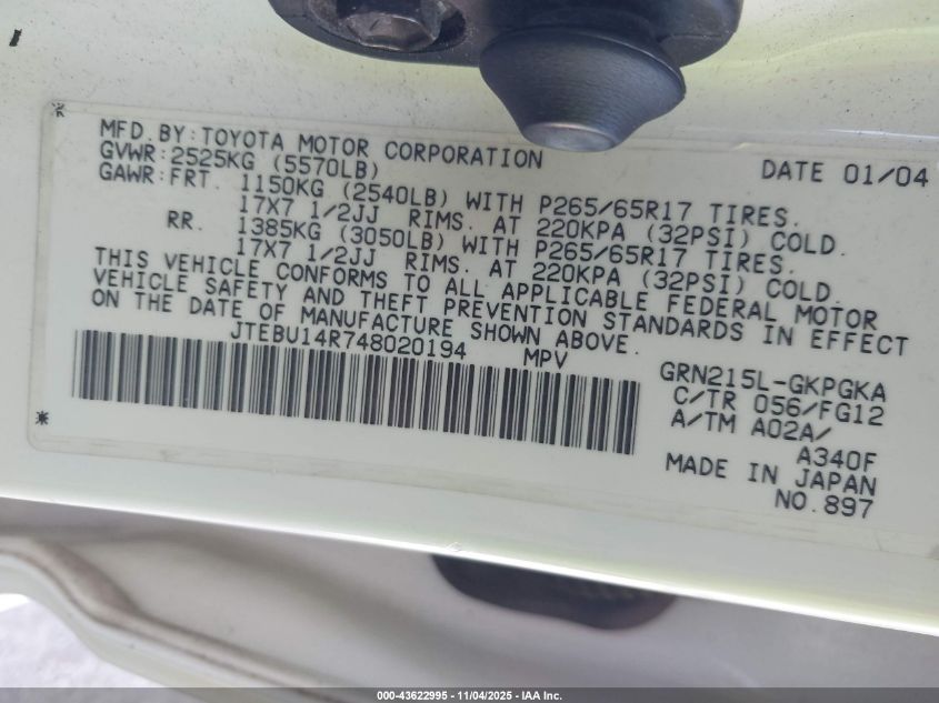 2004 Toyota 4Runner Sr5 V6 VIN: JTEBU14R748020194 Lot: 43622995