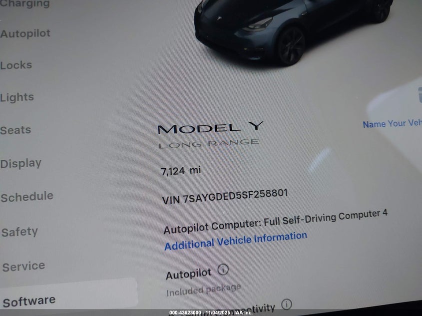 2025 Tesla Model Y Long Range Dual Motor Rear-Wheel Drive VIN: 7SAYGDED5SF258801 Lot: 43623000