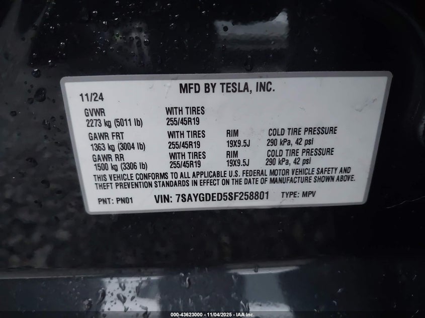 2025 Tesla Model Y Long Range Dual Motor Rear-Wheel Drive VIN: 7SAYGDED5SF258801 Lot: 43623000