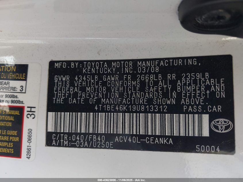 2009 Toyota Camry VIN: 4T1BE46K19U813312 Lot: 43623006