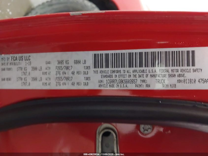 2019 Ram 1500 Classic Slt 4X4 5'7 Box VIN: 1C6RR7LG8KS602657 Lot: 43623034