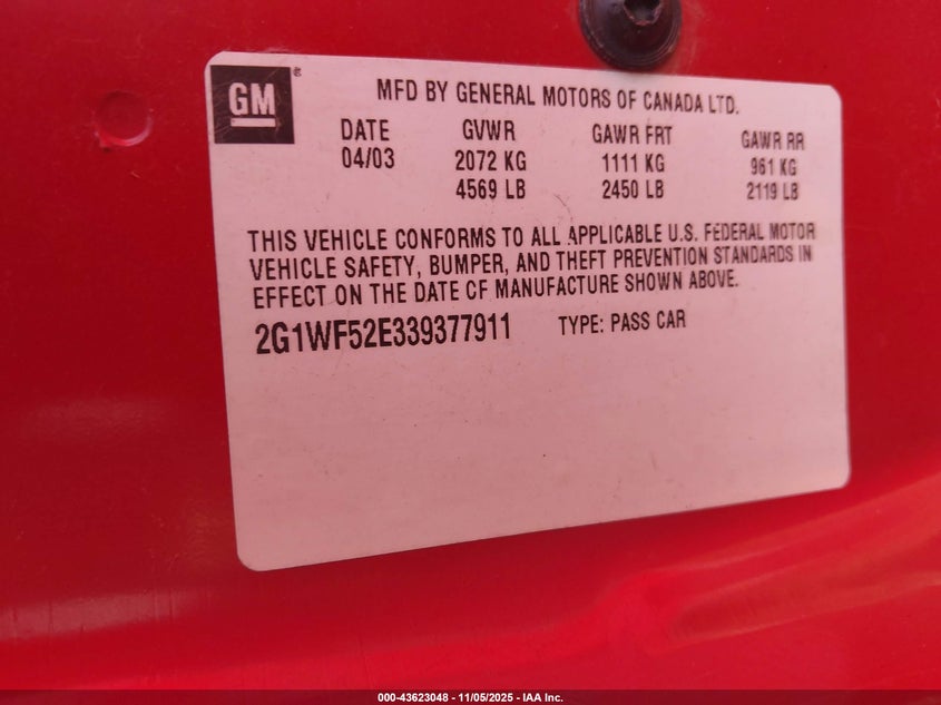 2003 Chevrolet Impala VIN: 2G1WF52E339377911 Lot: 43623048