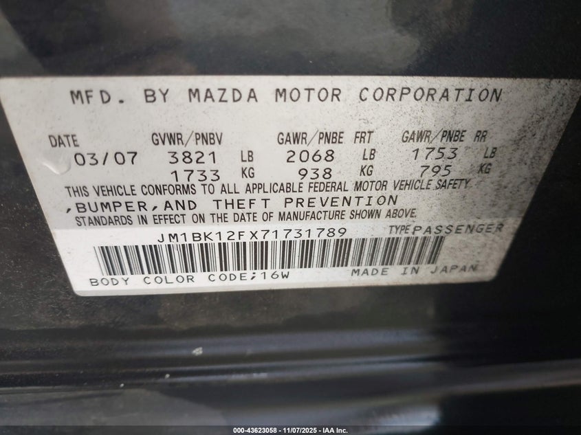 2007 Mazda Mazda3 I Sport VIN: JM1BK12FX71731789 Lot: 43623058