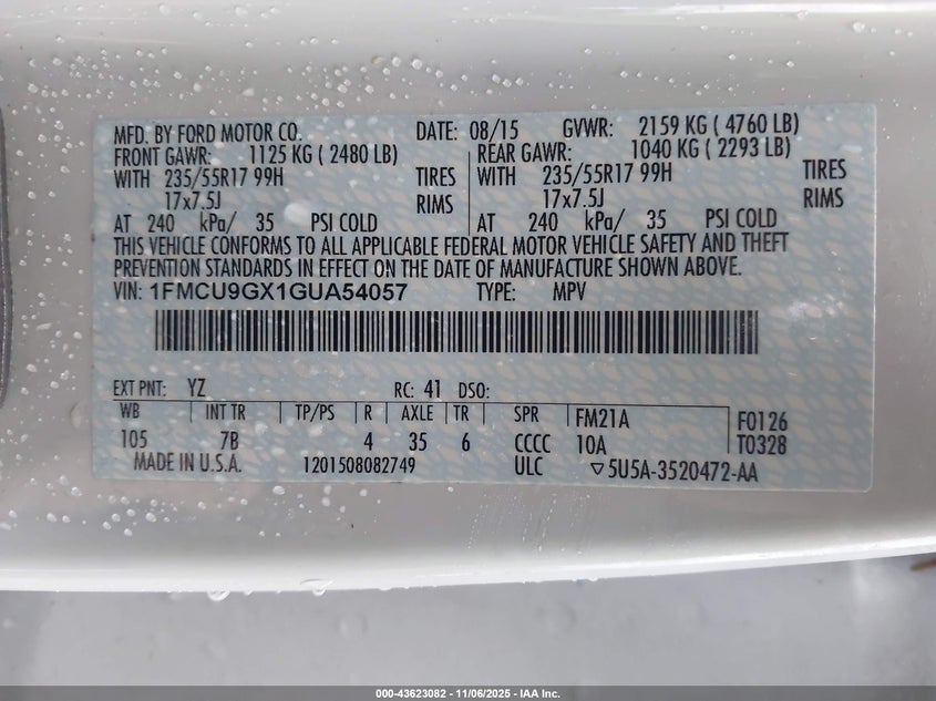 2016 Ford Escape Se VIN: 1FMCU9GX1GUA54057 Lot: 43623082