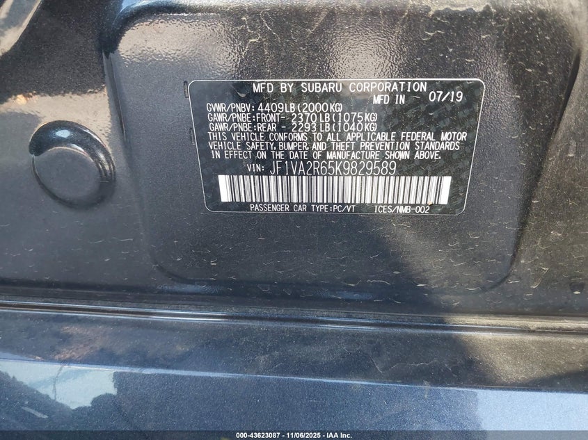 2019 SUBARU WRX STI JF1VA2R65K9829589