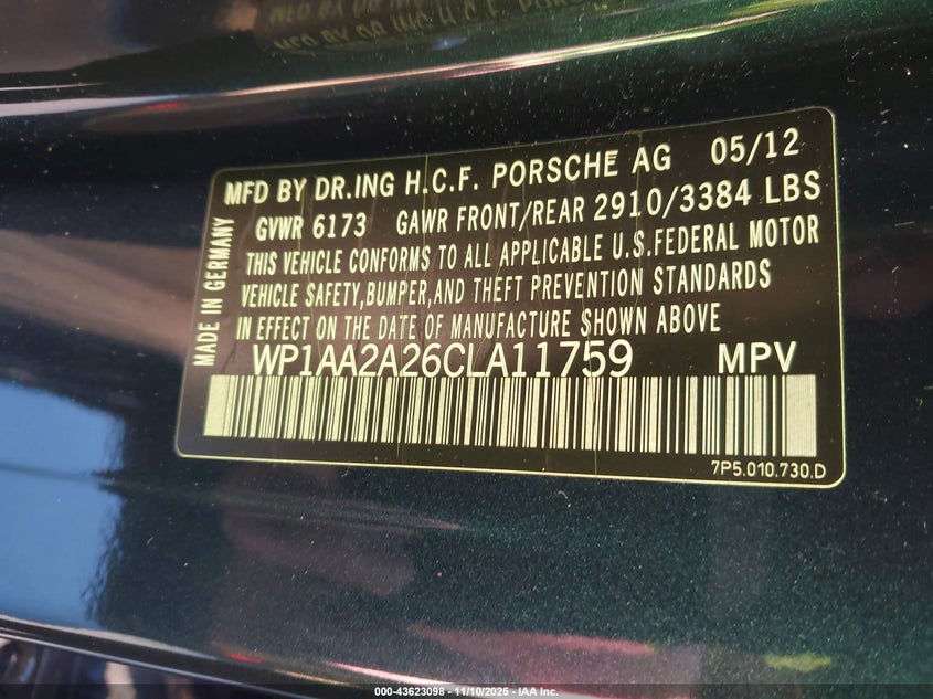 2012 Porsche Cayenne VIN: WP1AA2A26CLA11759 Lot: 43623098