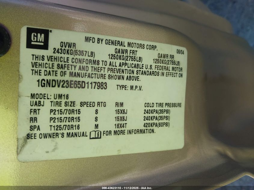 2005 Chevrolet Venture Ls VIN: 1GNDV23E65D117983 Lot: 43623110
