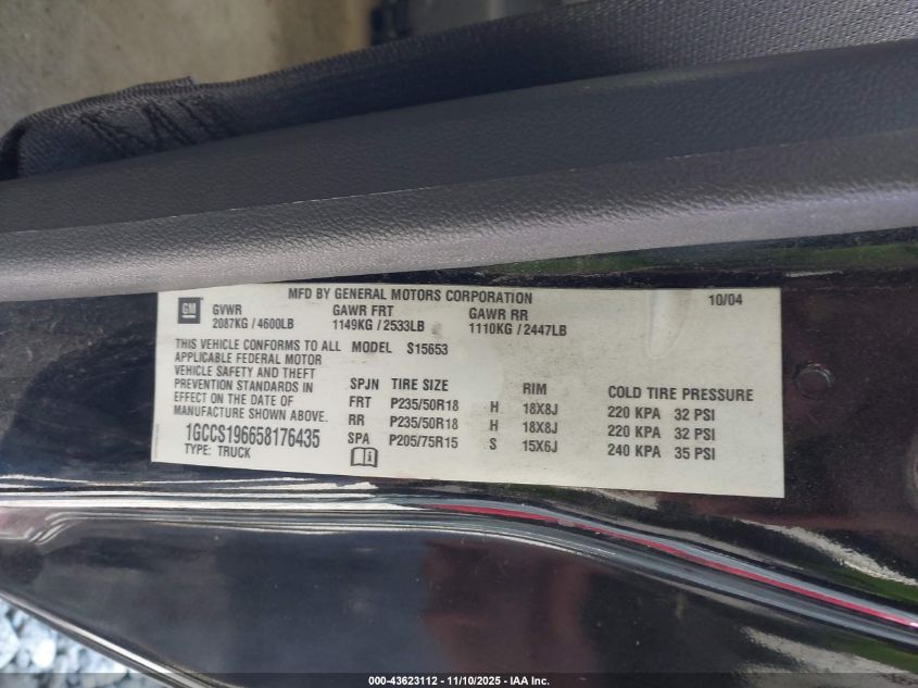 2005 Chevrolet Colorado Ls VIN: 1GCCS196658176435 Lot: 43623112