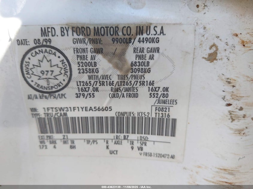 2000 Ford F-350 Lariat/Xl/Xlt VIN: 1FTSW31F1YEA56605 Lot: 43623139