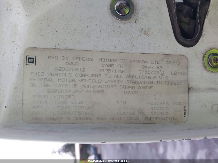1995 Chevrolet Gmt-400 K1500 VIN: 2GCEK19K2S1263009 Lot: 43623149