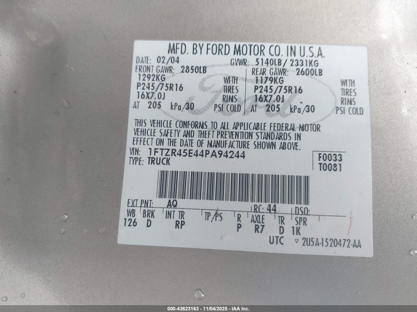 2004 Ford Ranger Edge/Tremor/Xlt VIN: 1FTZR45E44PA94244 Lot: 43623163