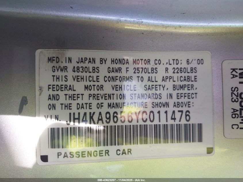 2000 Acura Rl 3.5 VIN: JH4KA9656YC011476 Lot: 43623207