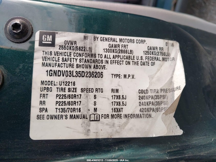 2005 Chevrolet Uplander VIN: 1GNDV03L35D236206 Lot: 43623213