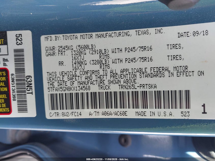 2019 TOYOTA TACOMA SR5 - 5TFAX5GN8KX134568