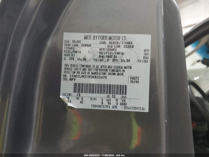 2005 Ford Escape Xlt VIN: 1FMYU93195KB35470 Lot: 43623222