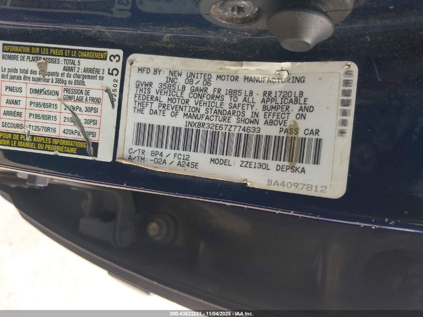 2007 Toyota Corolla S VIN: 1NXBR32E67Z774633 Lot: 43623231