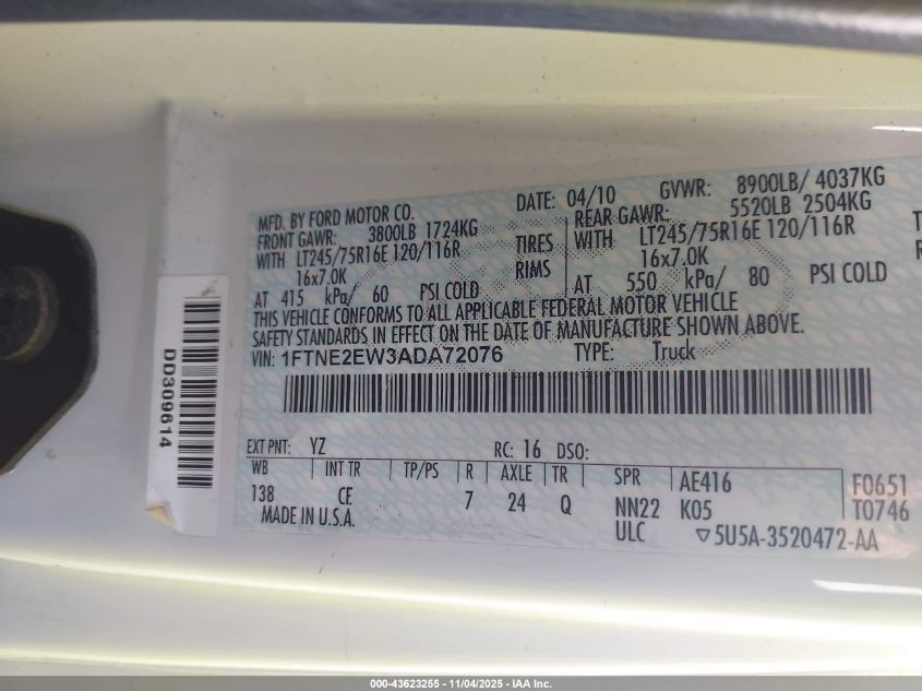 2010 Ford E-250 Commercial/Recreational VIN: 1FTNE2EW3ADA72076 Lot: 43623255