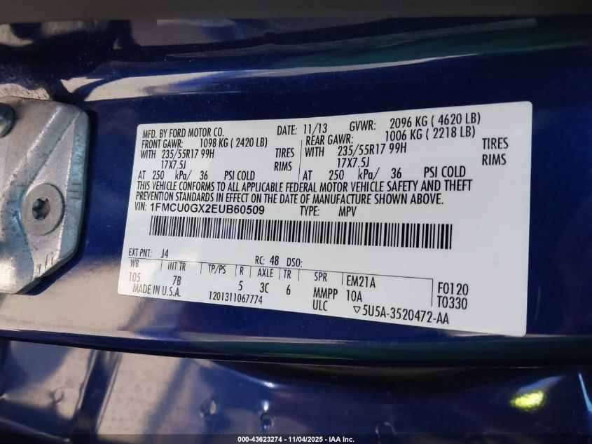 2014 Ford Escape Se VIN: 1FMCU0GX2EUB60509 Lot: 43623274