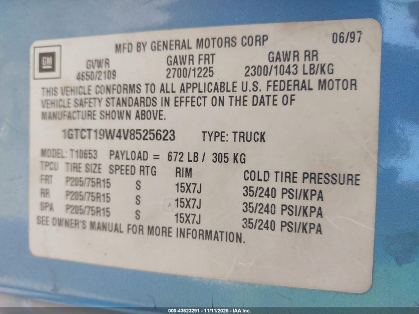 1997 GMC Sonoma Sls Wideside VIN: 1GTCT19W4V8525623 Lot: 43623291