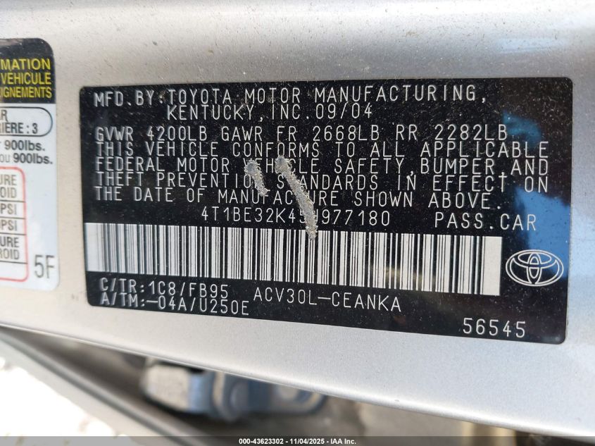 2005 Toyota Camry Le VIN: 4T1BE32K45U977180 Lot: 43623302