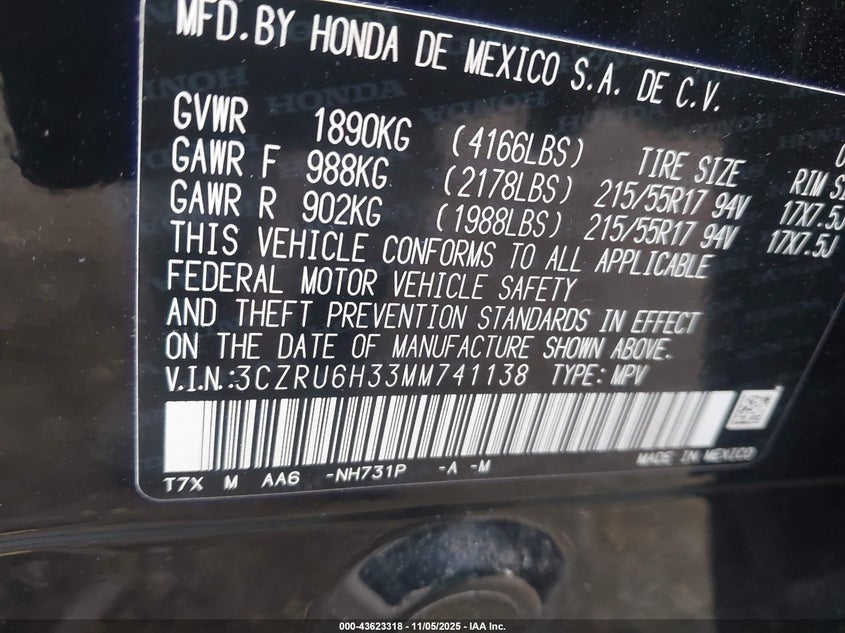 3CZRU6H33MM741138 2021 HONDA HR-V photo no. 9