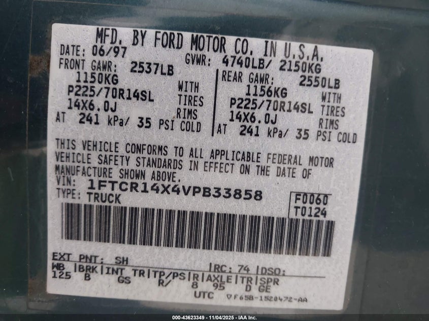 1997 Ford Ranger Splash/Xlt VIN: 1FTCR14X4VPB33858 Lot: 43623349