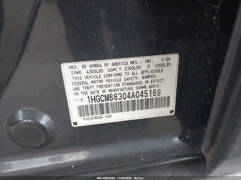 1HGCM66304A045169 2004 HONDA ACCORD photo no. 9