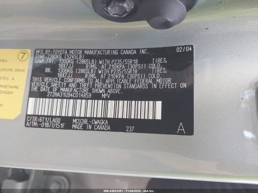 2004 Lexus Rx 330 VIN: 2T2HA31U94C014859 Lot: 43623381