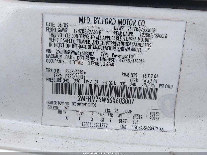 2006 Mercury Grand Marquis Ls VIN: 2MEHM75W66X603007 Lot: 43623391