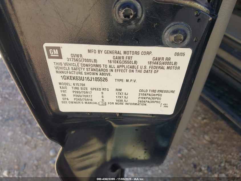 2006 GMC Yukon Denali VIN: 1GKEK63U16J105526 Lot: 43623399
