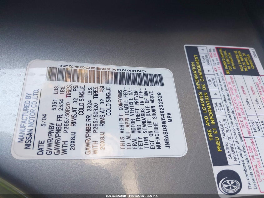 2004 Infiniti Fx35 VIN: JNRAS08W64X222529 Lot: 43623400