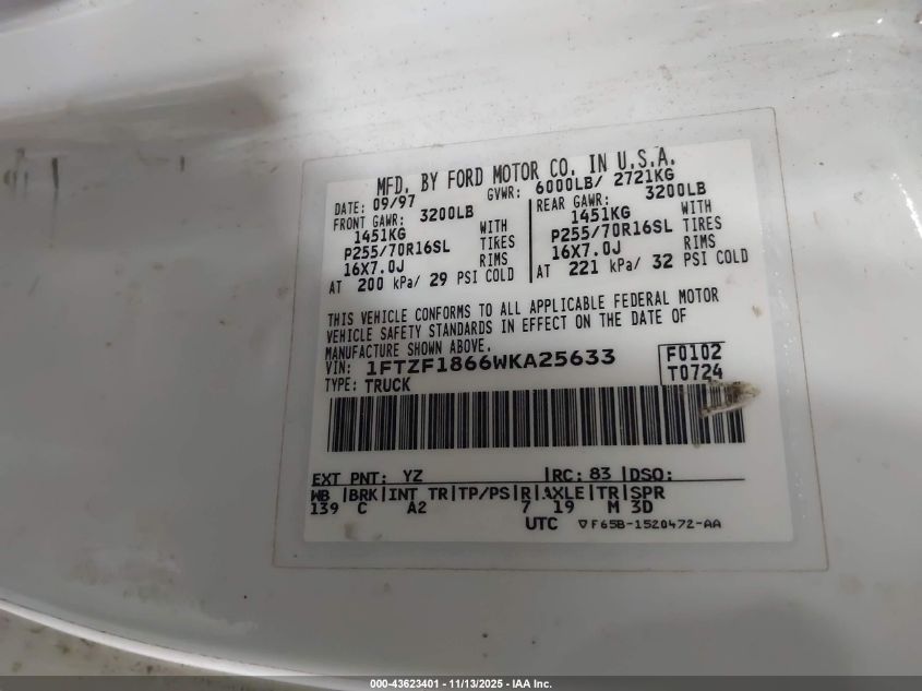 1998 Ford F-150 Lariat/Standard/Xl/Xlt VIN: 1FTZF1866WKA25633 Lot: 43623401