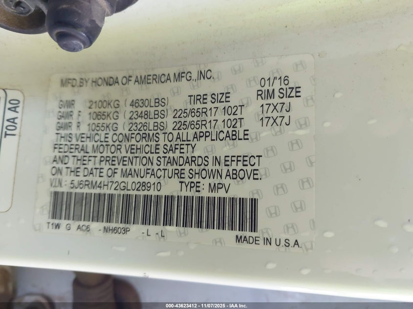 2016 HONDA CR-V EX-L - 5J6RM4H72GL028910