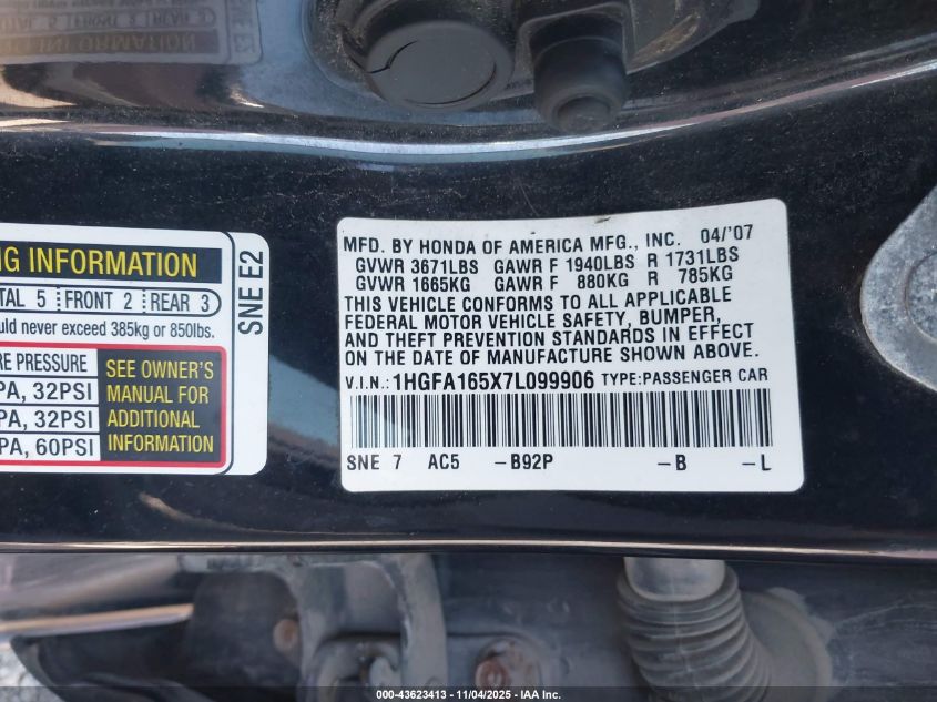 2007 Honda Civic Lx VIN: 1HGFA165X7L099906 Lot: 43623413