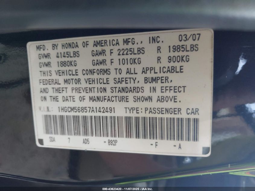 2007 Honda Accord 2.4 Ex VIN: 1HGCM56857A142491 Lot: 43623420