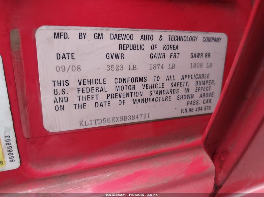2009 Chevrolet Aveo Lt VIN: KL1TD56EX9B384721 Lot: 43623421