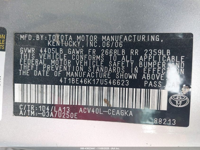 2007 Toyota Camry Xle VIN: 4T1BE46K17U546623 Lot: 43623441