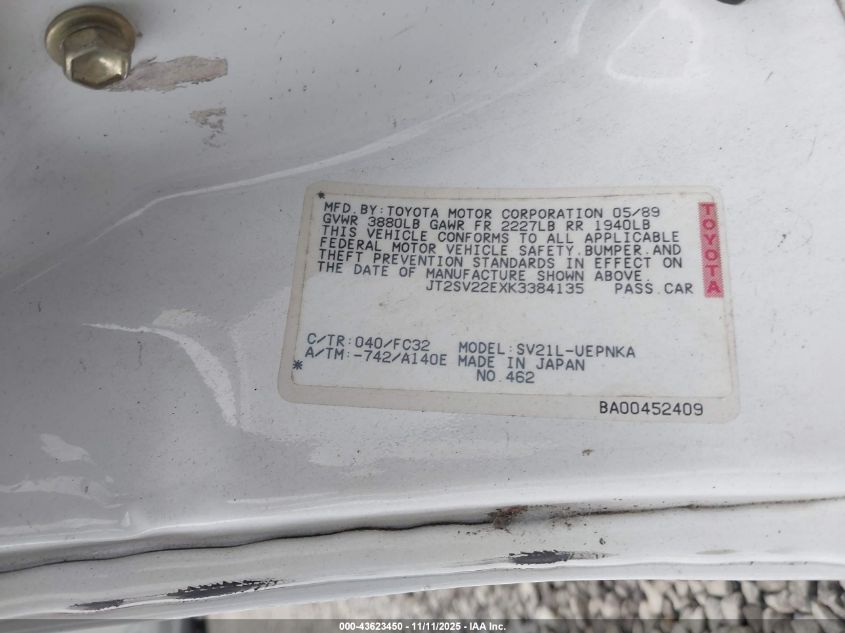 JT2SV22EXK3384135 1989 TOYOTA CAMRY photo no. 9