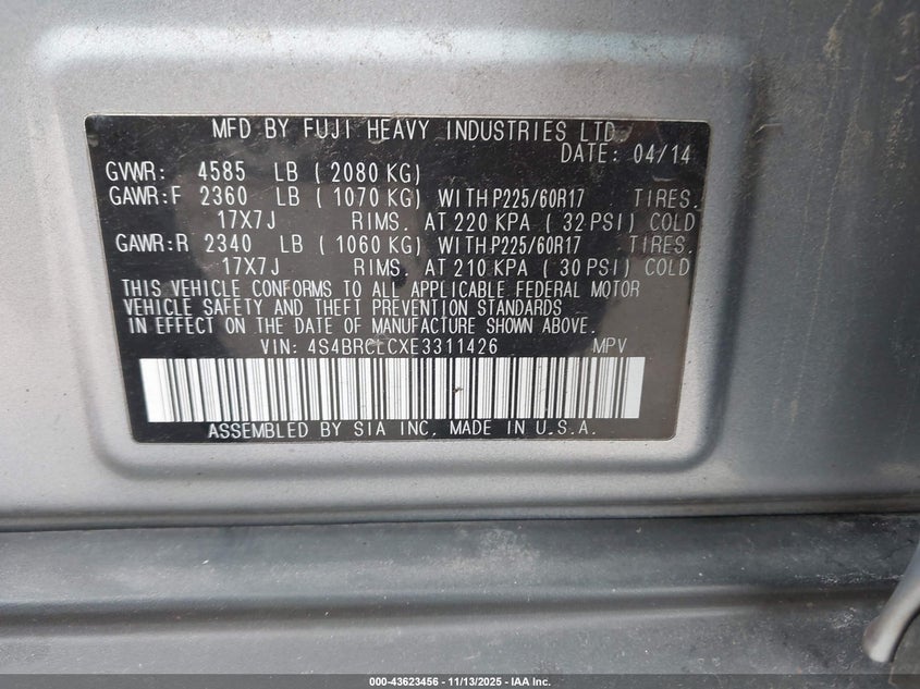 2014 SUBARU OUTBACK 2.5I LIMITED 4S4BRCLCXE3311426