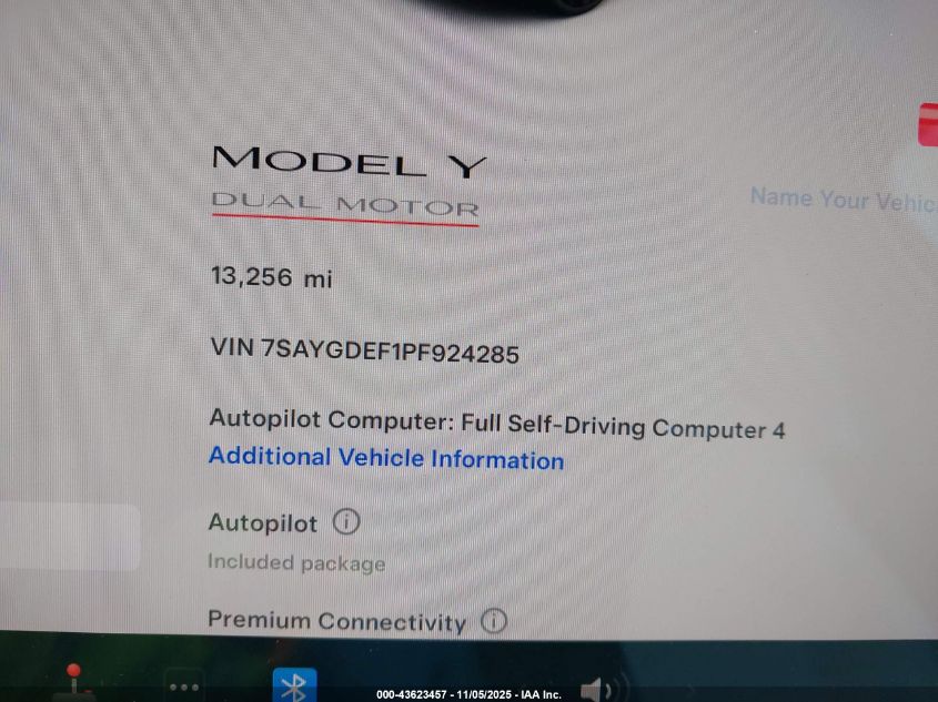 2023 Tesla Model Y Performance Dual Motor All-Wheel Drive VIN: 7SAYGDEF1PF924285 Lot: 43623457