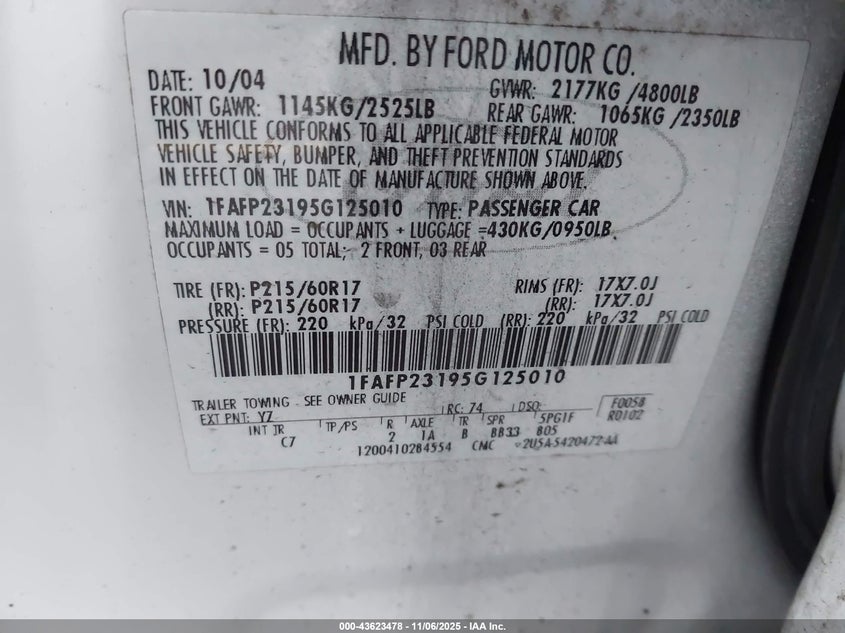 2005 Ford Five Hundred Se VIN: 1FAFP23195G125010 Lot: 43623478