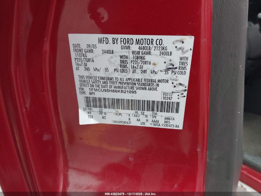 2006 Ford Escape Hybrid VIN: 1FMCU95H86KB21095 Lot: 43623479