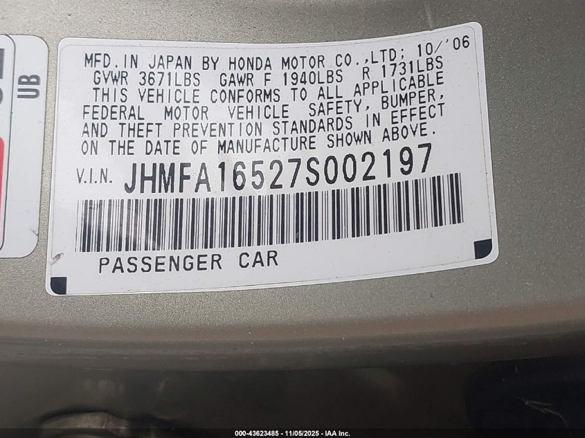 2007 Honda Civic Lx VIN: JHMFA16527S002197 Lot: 43623485