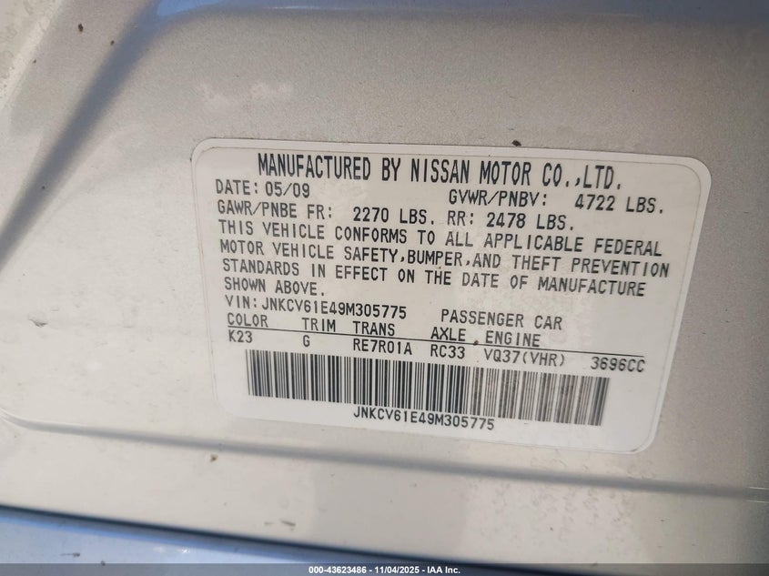 2009 Infiniti G37 Journey VIN: JNKCV61E49M305775 Lot: 43623486