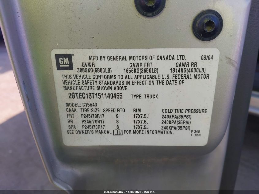 2005 GMC Sierra 1500 Sle VIN: 2GTEC13T151140465 Lot: 43623487
