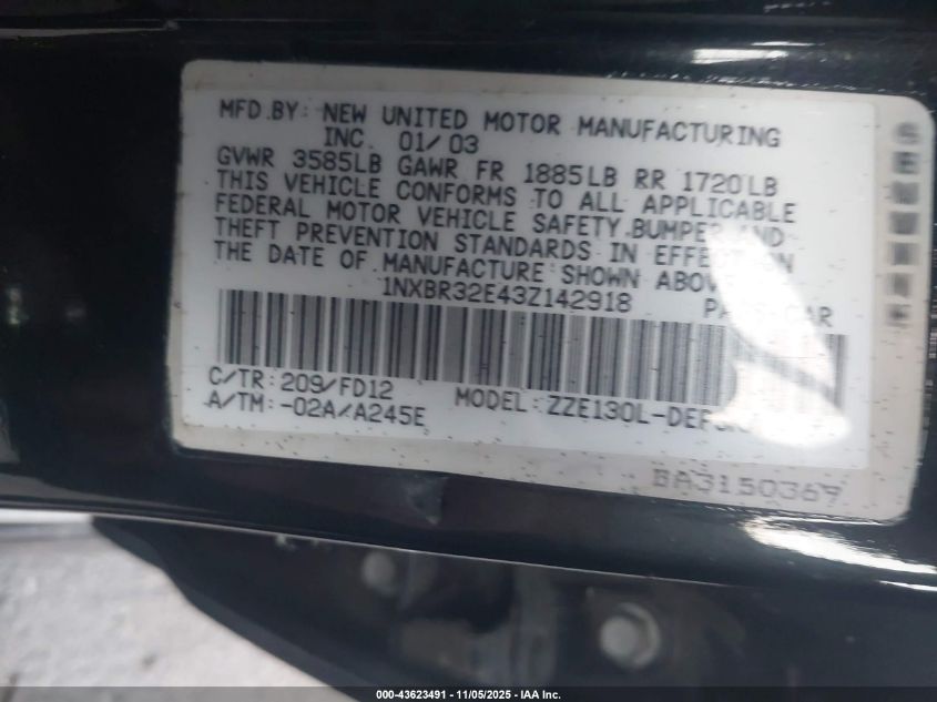 2003 Toyota Corolla S VIN: 1NXBR32E43Z142918 Lot: 43623491